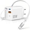 Truhuova GaN Caricatore USB C 3 in 1 con cavo, cavo di ricarica retrattile da 80 cm, USB-C 25 W + porta USB-A 22,5 W, caricabatterie con cavo retrattile per iPhone, Galaxy, iPad - Bianco