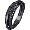 Gualiy Bracciale di Pelle da Uomo, Bracciali Uomo in Acciaio 5 Strato Bracciale con Nero Fibbia 18.5CM Lunghezza Bracciale Punk Rock