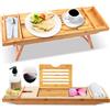 SereneLife Mensola per vasca da bagno in bambù, 2 in 1, da letto, estensibile, 75-108 cm, regolabile in altezza, pieghevole, con robusto supporto per libri e tablet