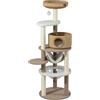 Fudajo Tiragraffi Forest Lodge da 168 cm, Albero per gatti beige con cuccia, amaca, conca trasparente e pali in corda da graffiare