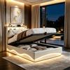 BIYFSDS Letto con Contenitore 90x200 cm con LED e USB, Letto Idraulico 90x200 cm con Ripiani Aperti e Spazio di Archiviazione, Letto Matrimoniale Imbottito 90x200 con Sommier, Testata Imbottita, Letto per 2