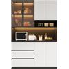 Azkoeesy Credenza Alta Cucina con LED, 3 Cassetti e 2 ante in vetro,Bianco‑Nero | 120.5x40x180 cm, Multifunzionale, Mobile Alto Dispensa, Buffet, per Sala da Pranzo, Bar e Bancone Bar