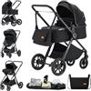 ALYIKOU Passeggino trio 3 in 1 con seggiolino auto i-Size Pieghevole, sedile reclinabile, marcia bidirezionale, cinture a 5 punti, portata 0-25 kg, 0-4 anni (Nero)