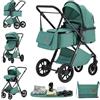 ALYIKOU Passeggino trio 3 in 1 con seggiolino auto i-Size Pieghevole, sedile reclinabile, marcia bidirezionale, cinture a 5 punti, portata 0-25 kg, 0-4 anni (Verde)
