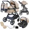 Twinly - Passeggino Trio 3 in 1 - Sistema Modulare con Carrozzina per Neonati, Ovetto Auto & Passeggino Leggero 25 kg portata - FABULY - Pieghevole con Borsa, Zanzariera e Parapioggia - [Beige]