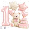 LTDSNLIYX Palloncino Numero 1 Rosa, Decorazioni Compleanno con Palloncino Orsetto, Palloncino Torta, Palloncini Cuore e Stella, Set di Palloncini in Alluminio per Festa