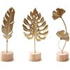 Qubnydg 3 Pezzi Decorative Dorate, Decorazioni a Forma di Foglia di Ginkgo | Foglie di Ginkgo Dorate, Monstera e Piuma, Sculture in Metallo con Base in Legno, Decorazione per Casa, Ufficio, Camera da