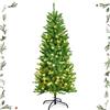 GYMAX Albero di Natale Slim 150 cm, Illuminato a 150 Luci Incorporate, 300 Rami Folti in PVC, Divisibile da Montaggio e Trasporto, Supporto in Ferro, Ideale per Casa, Ufficio e Negozio, Verde