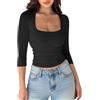 shownicer Maglietta da donna in cotone con scollo quadrato, maniche a 3/4 | Top Y2K, maglione, maniche a tre quarti, basic, slim fit, elasticizzato, tinta unita, estate, autunno, casual, sexy