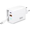 JRSSQSWS Caricatore USB C da 80 W con cavo retrattile, 3 porte GaN USB C PD 3.0 | Compatibile con iPhone 17/16/15 Pro Max, iPad, Galaxy S25, 3 porte di ricarica, potenza totale 80 W, cavo retrattile