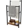Relaxdays Portasciugamani da terra con ripiano, 80x42x24 cm, nero/marrone | 2 aste, MDF e metallo