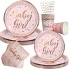 FCQLFYF Kit Stoviglie Compleanno Oro Rosa 80 Pezzi, Piatti di Carta, Bicchieri di Carta, Tovaglioli di Carta e Cannucce di Carta, Decorazione Tavola Happy Birthday per Feste Donna Bambina (16 Ospiti)