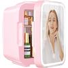 YASHE Mini Frigo per Camera, Frigo Skincare con Specchio LED, Piccolo Frigo da 4 L portatile, Termoelettrico, Riscaldatore e Raffreddatore 220 V AC / 12 V DC per Auto, Ufficio, Dormitorio (Rosa)