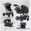 Lnhcrbs Passeggino 3 in 1 518-M, Passeggino Trio,con base ISOFIX,Grigio | Passeggino da Viaggio con Piegamento a Una Mano e Pulsante per il Collasso della Seduta,Ruote Grandi in PU con Sospensioni