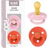 BIBS Colour Succhietto, 6-18 mesi, confezione da 2, Baby Pink/Tango | Tettarella rotonda | Gomma naturale | Taglia 2 | Senza BPA | Elevata accettazione della tettarella | Fori d'aria