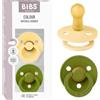 BIBS Colour Succhietto, 6-18 mesi, confezione da 2, Pale Butter/Wasabi | Tettarella rotonda | Gomma naturale | Taglia 2 | Senza BPA | Elevata accettazione della tettarella | Fori d'aria