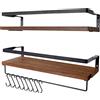 Uten Mensole da Muro Design Moderne, Set 2 Pezzi Mensole da Muro in Legno con Portasciugamani e Ganci, Mensole Sospesa da Parete Rustico per Cucina, Bagno, Salotto, Ufficio, 42 x 15 x 7.4 cm