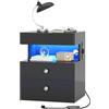 AOGLLATI Comodino con Cassetto con Serratura e Salvaspazio, 3 Cassetti | Comodino con Luce LED e Ricarica Laterale, Tavolino con Vano Aperto per Camera da Letto e Soggiorno, 40x35x59 cm, Nero