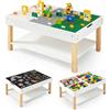COSTWAY Tavolo Multiattivita per Bambini 3+ Anni, con Piano Reversibile | Tavolino 2 Ripiani in Legno con Lavagna, Piastra per Blocchi di Costruzione e Scomparti Nascosti per Gioco e Disegno