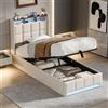 BIYFSDS Letto contenitore 90 x 200 cm con LED e porta USB/Type-C, letto singolo imbottito 90x200 con contenitore idraulico e rete, testiera capitonné con ripiani aperti, letto per adulti (Beige-2, 90x200)