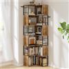 SOCOMFAY Scaffale angolare a forma di L, marrone vintage, 7 ripiani | Telaio in metallo con barra protettiva, libreria in legno, effetto legno anticato, salvaspazio, vetrina ad angolo aperto