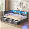AOGLLATI Letto Singolo Imbottito 90x200 cm con 4 Cassetti e LED, Dark Grey | Testiera imbottita, Porte USB e Type-C, Mensole aperte, Doghe in legno, Luce LED regolabile, Perfetto per gli angoli, Lino