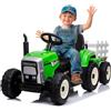 FINOOS Trattore elettrico da 12 V con pala e rimorchio staccabile, veicolo elettrico per bambini, trattore con luce LED, musica e clacson, telecomando 2,4 G, 2-5 km/h (verde)