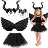 LGZIN Set di 4 Costume da Diavolo per Bambini, Costume Malefica di Halloween, 1Horns Headdress+ 1 Nero Ali+ 1 Vestito Tutu+ 1 Collana di Pizzo, per Halloween, Carnevale, Cosplay, Feste
