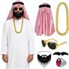 Yesmoyhe Vestito Arabo Uomo, 7 pezzi Costume da sceicco arabo, foulard ara-bo, tunica bianca, barba, occhiali da sole, collana e anello, para Carnaval de Cosplay de Halloween