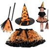 Manqyi Costume Strega Halloween Set, Gonna Tutu Arancione con Zucche e Pipistrelli | Cappello a Punta da Strega e Scopa, Accessori di Carnevale per Feste in Maschera