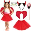ACWOO 5 Pezzi Costume Diavolo, per Carnevale Halloween Cosplay Festa, Rosso | Costume da Halloween per Bambina, con Fascia per capelli Black Angel, Tutù Nero, Ali, Bacchetta D'angelo e Adesivo