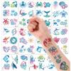 Qpout Tatuaggi temporanei per bambini, motivo: vita marina colorata, creature marine, squalo, conchiglie e altri motivi per feste Luau Aloha, vacanze estive sulla spiaggia