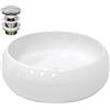 LuxeBath Lavabo da Appoggio in Ceramica Bianco Tondo Ø 350 x 120 mm Design Moderno Lavabo Moderno d'Appoggio Ceramica Lavandino Lavamano con Set di Scarico Lavabile 1 1/4 Piletta in Ottone Cromato