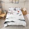 Homemissing Set Copripiumino Pittura a Inchiostro Cinese 135X200cm | Set Copripiumino Stile Giapponese per Ragazzi e Ragazze, Coperta Trapuntata con Fiori di Ciliegio, Montagne e Sole Rosso