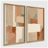 DekoArte - Quadri moderni soggiorno astratto 50x70 cm x2 con cornice | Set 2 quadri con cornice color legno, stampa astratta moderna in toni terracotta e beige, pronti da appendere