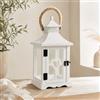 MA MAISON Lanterna in Legno Bianco con Manico in Corda 32h cm | Lanterna decorativa con inserti in vetro, ideale per interni ed esterni coperti, stile shabby chic e moderno