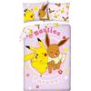 Halantex POKEMON Pikachu Eevee BESTIES FOREVER - Set di biancheria da letto Copripiumino 140 x 200 cm + Federa 70x90cm - Reversibile - 100% POLIESTERE - Colore Rosa