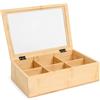 HOMEA Scatola Porta Tè e Tisane in Bambù con 6 Scomparti 23x16x7 cm - Organizer per Cucina con Coperchio Trasparente in Acrilico, Contenitore per Bustine di Tè, Caffè, Cialde, Infusi e Piccoli Oggetti