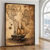 CAOXTART Quadro su tela con veliero vintage, mappa antica da parete, poster nautici per l'arredamento di casa (50x70 cm/cornice interna)