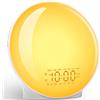 Powbentar Sveglia Luminosa, Simulatore d'Alba a Schermo Intero, Lampada da Comodino Luce Notturna con 14 Colori, 20 Livelli di Luminosità, Doppia Sveglia, 8 Suoni Naturali, Radio FM, Snooze