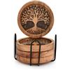 Indus Lifespace Set di 4 sottobicchieri rotondi in legno di acacia, con albero della vita, per bevande, con supporto in ferro, per decorazioni moderne per la casa, decorazione per il tavolo da pranzo