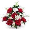 DRW Centro di fiori artificiali rosso e bianco per chiese, cimiteri e celebrazioni, con dalias e rose, 50 x 15 x 50 cm