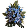 DRW Centro di fiori artificiali blu per chiese, cimiteri e celebrazioni con gigli, boccioli e pompon, 70 x 30 x 66 cm