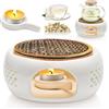OulQinyhome Scalda Teiera in Ceramica Fornellino con Portacandela e Tappetino Termico design Traforato per Mantenere Caldo Tè/Caffè/Latte Ø15 cm (Bianco)