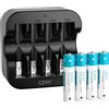 czvv Pile Ricaricabili AAA Litio1,5V - Caricatore 4 Slot Intelligente LED con 4 Pezzi Batterie Lithium Alta Capacità 1100mWh - Caricabatterie Ricarica Rapida 2H, 1300 Cicli, Durata Ultra Lunga 10 Anni