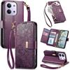 JIUNINE Cover a Libro in Pelle per XIAOMI Redmi 15C, Viola | Custodia Portafoglio in Pelle Sintetica, Stampa Floreale e Foglie, Portacarte, Tasca con Zip, Chiusura Magnetica, Supporto