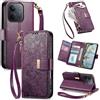 JIUNINE Cover a Libro in Pelle per XIAOMI Redmi 17C 5G, Viola | Custodia Portafoglio in Pelle Sintetica, Stampa Floreale e Foglie, Portacarte, Tasca con Zip, Chiusura Magnetica, Supporto