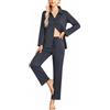 Bresdk Pigiama Donna Lungo in Cotone Aperto con Bottoni e Tasche | Camicia pigiama monocolore con colletto a revers e bottoni, pantaloni lunghi con vita elastica, coulisse e tasche laterali