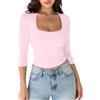 shownicer Maglietta da donna in cotone con scollo quadrato, maniche a 3/4 | Top Y2K, maglione, maniche a tre quarti, basic, slim fit, elasticizzato, tinta unita, estate, autunno, casual, sexy