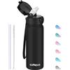 GOPPUS Borraccia termica in acciaio inox da 600 ml/567 g, con cannuccia, a doppia parete, con cinghia, aperta con una mano, ermetica, mantiene le bevande fredde, senza BPA, per adulti (nero)